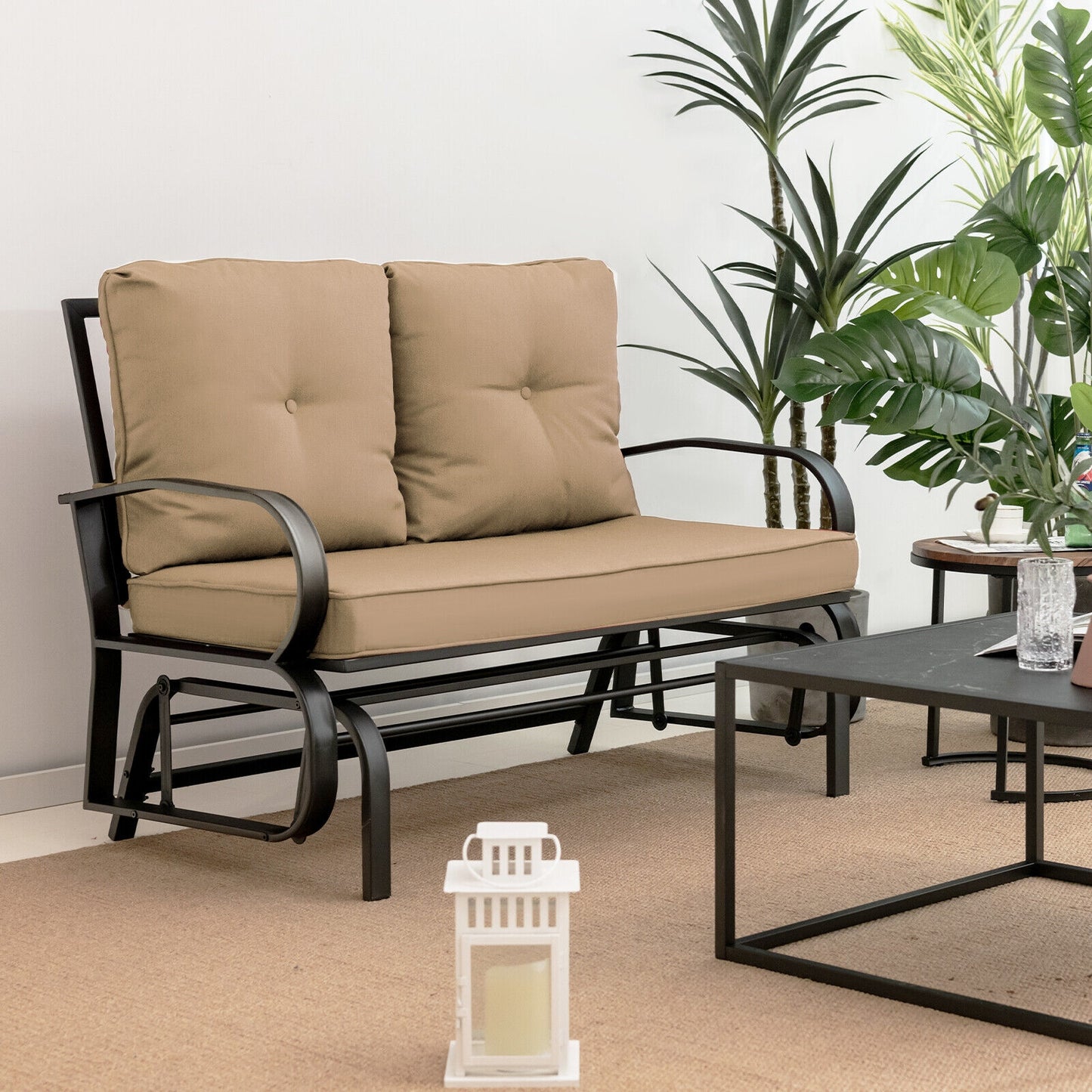 Patio 2-Person Glider Bench Rocking Loveseat Cushioned Armrest-Beige