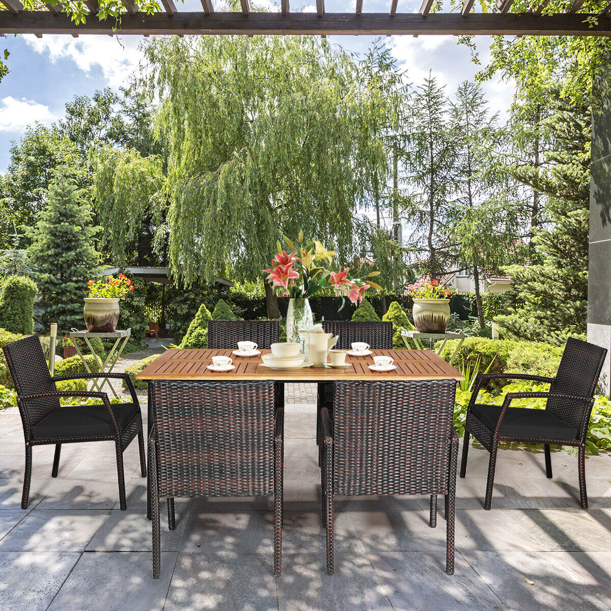 7 Pieces Patio Rattan Cushioned Dining Set with Umbrella Hole-Black