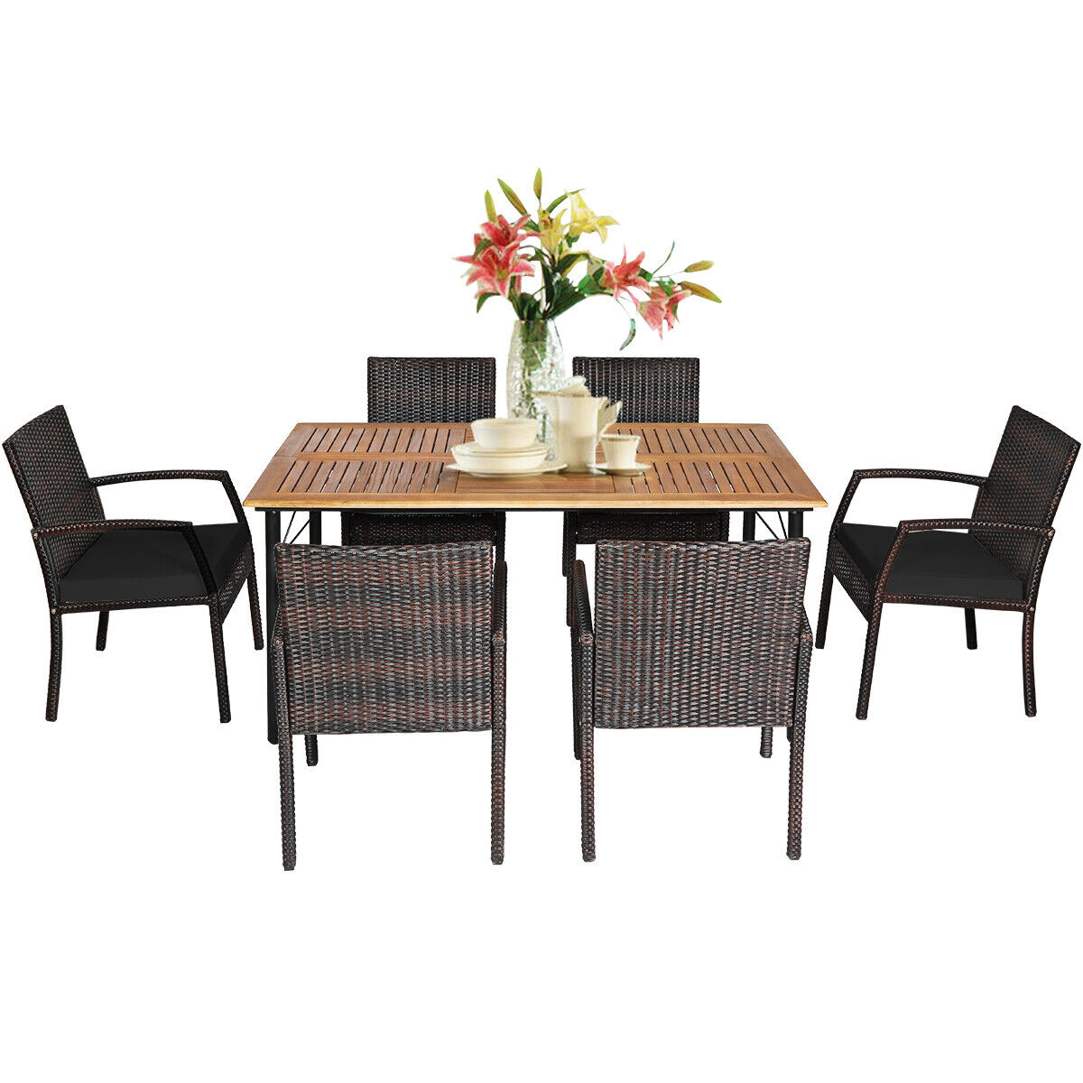7 Pieces Patio Rattan Cushioned Dining Set with Umbrella Hole-Black