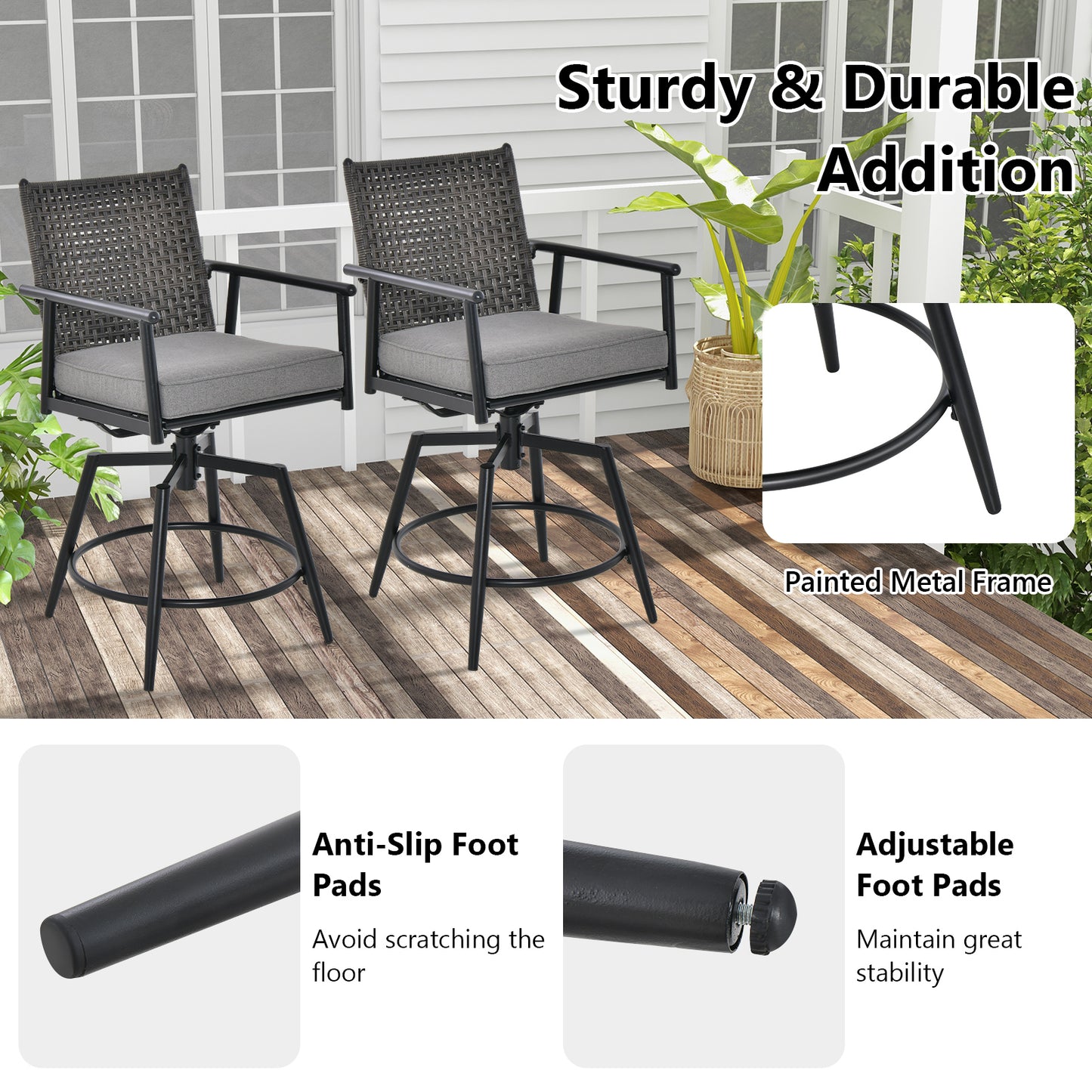 360 Degree Swivel Bar Stool Set of 2 with Metal Frame and PE Rattan Backrest-Black