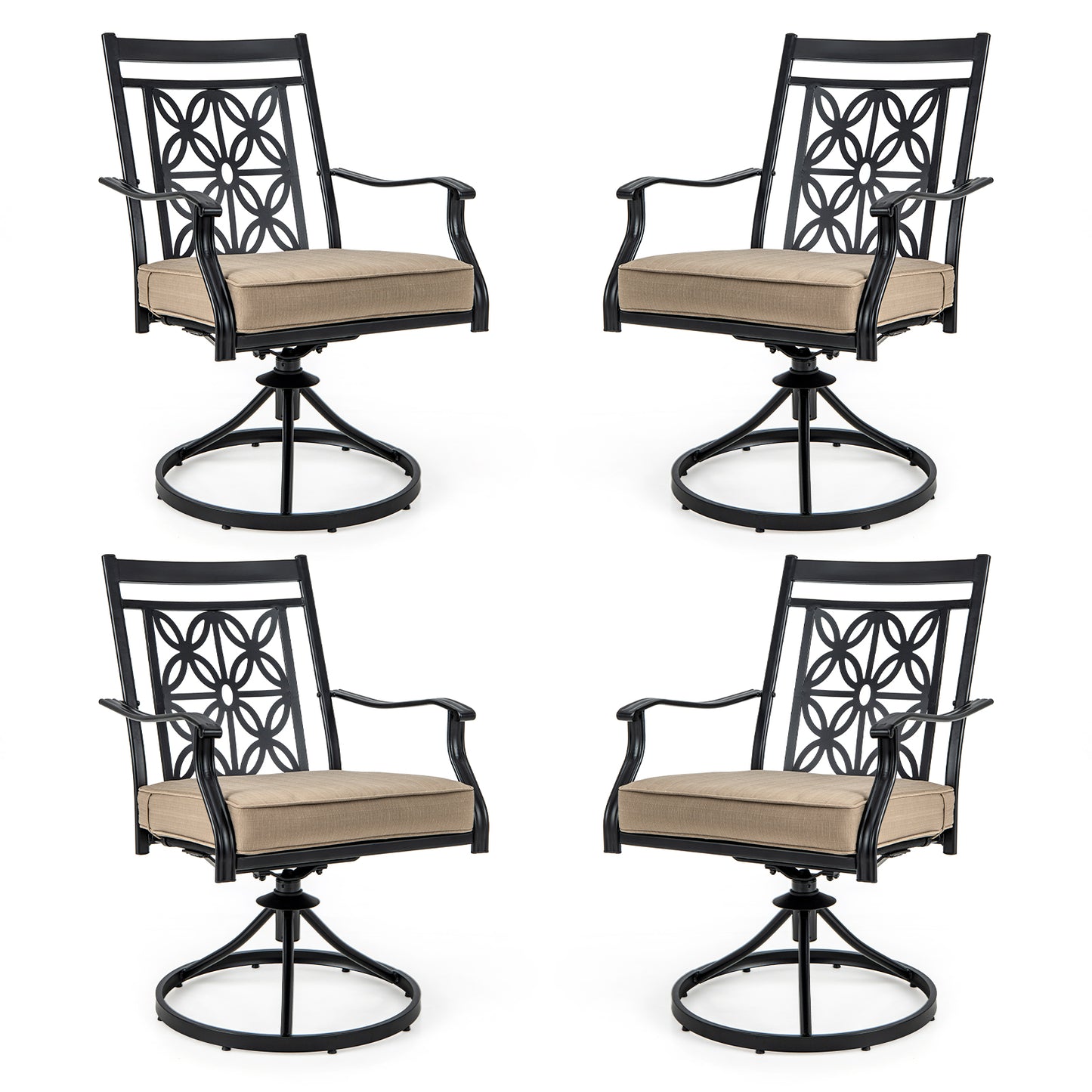 2 Pieces Patio Swivel Dining Chairs with Blossom Pattern Backrest and Cushions-Black