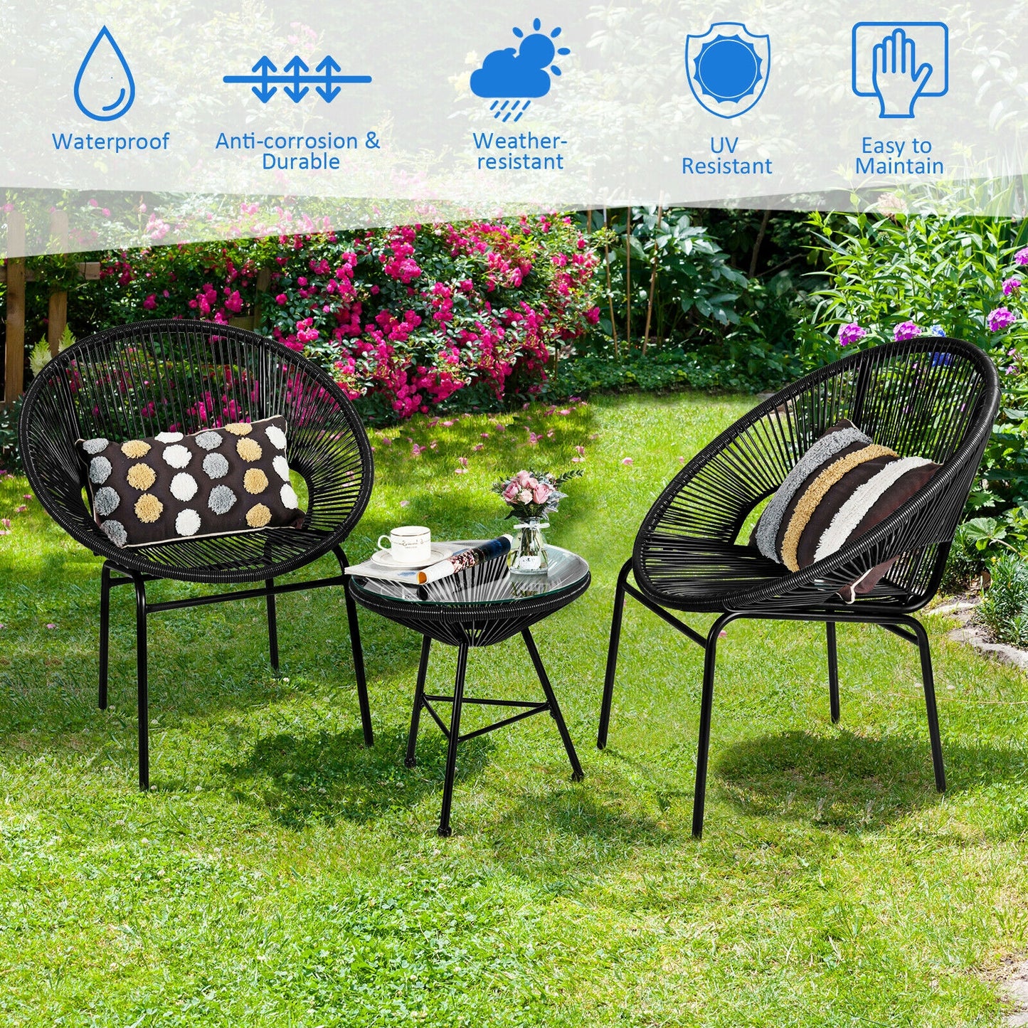 3PCS Patio Acapulco Furniture Bistro Set with GlassTable-Black