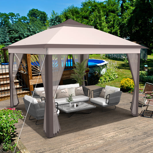 A beige and brown pop-up gazebo tent with mesh netting, set up on a wooden patio, covering outdoor furniture.
