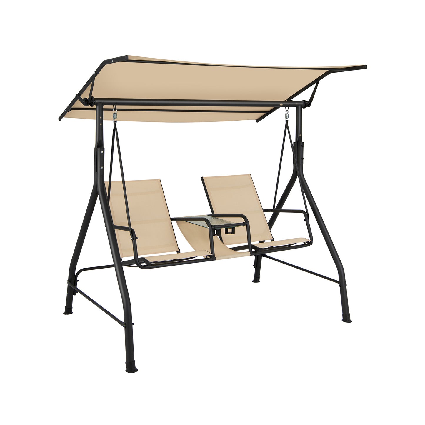2-Seat Outdoor Cushioned Porch Swing with Adjustable Canopy and Tempered Glass Table-Beige