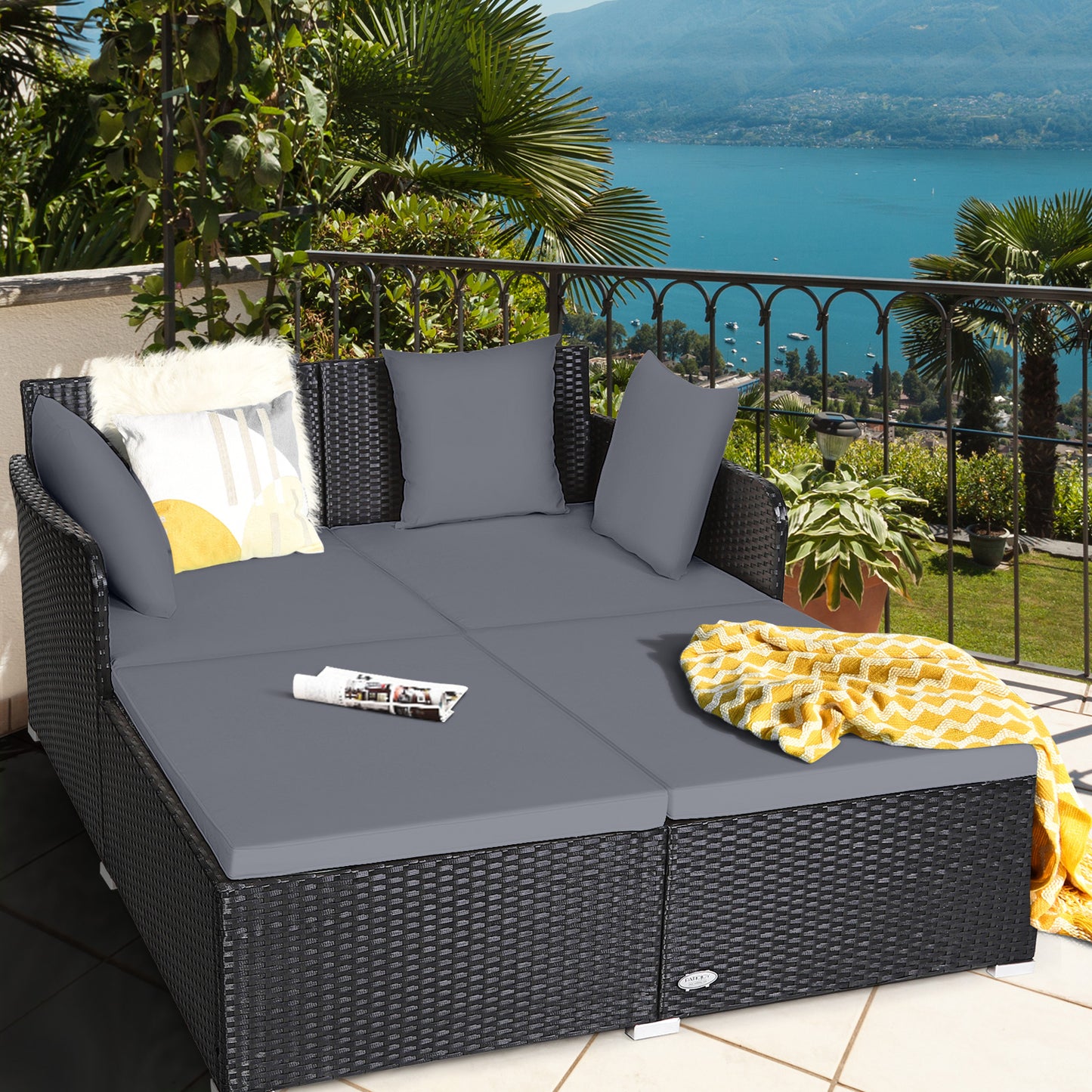 Spacious Outdoor Rattan Daybed with Upholstered Cushions and Pillows-Gray