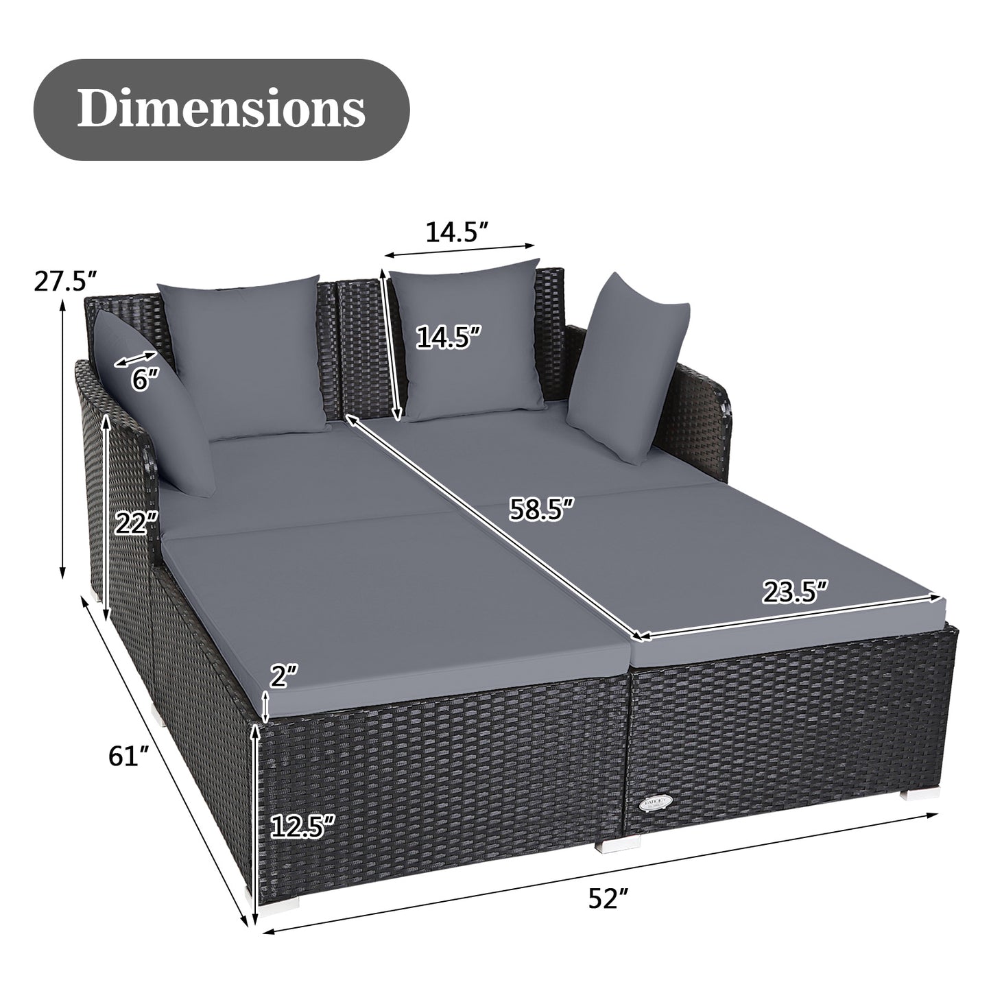 Spacious Outdoor Rattan Daybed with Upholstered Cushions and Pillows-Gray