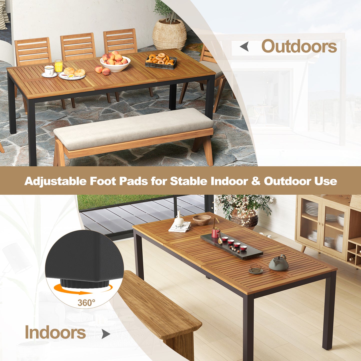 8-Person Outdoor Dining Table 79 Inch Acacia Wood Patio Table with Umbrella Hole