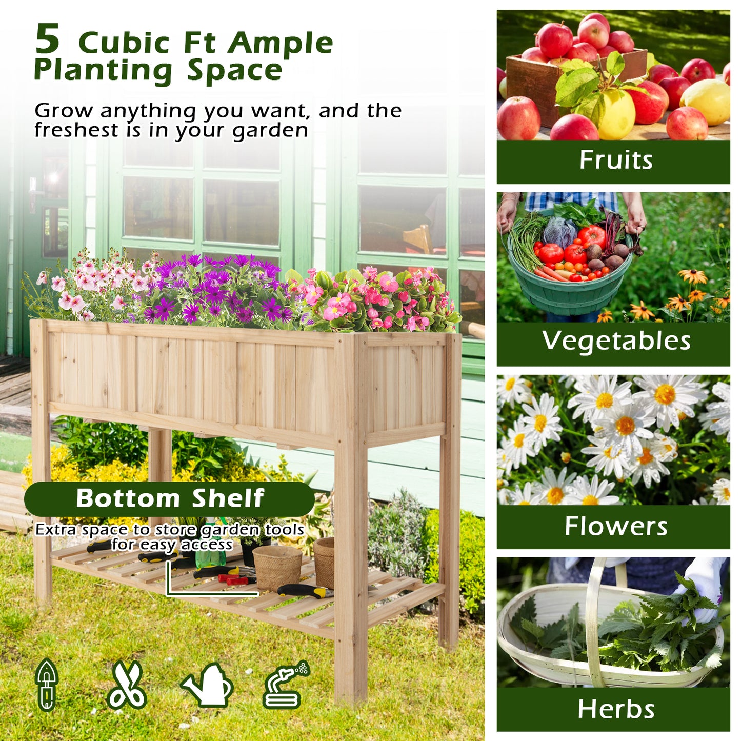 47 Inch Wooden Raised Garden Bed with Bottom Shelf and Bed Liner