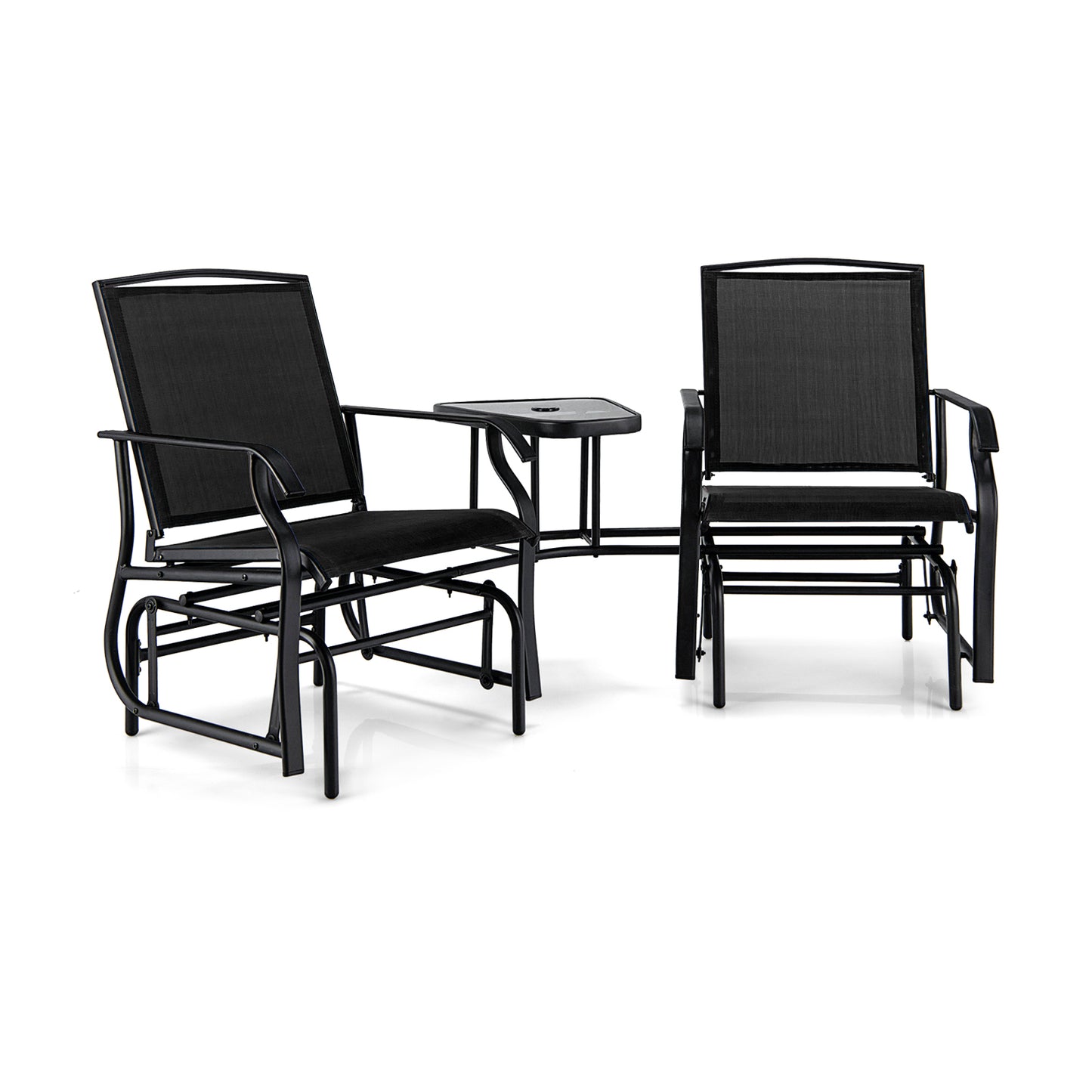 Double Swing Glider Rocker Chair set with Glass Table-Black