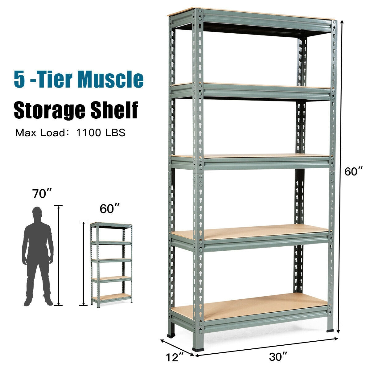 5-Tier Steel Shelving Unit Storage Shelves Heavy Duty Storage Rack-Gray