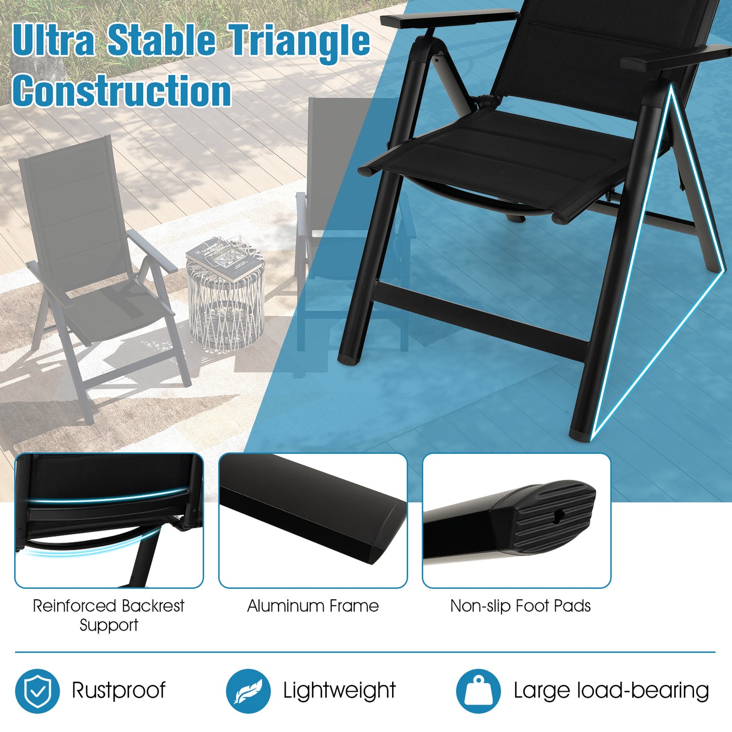 Outdoor Dining Chair with Soft Padded Seat and 7-Position Adjustable Backrest-Black