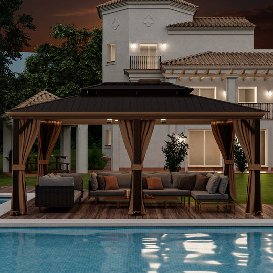 A large outdoor hardtop gazebo with a double-roof design, featuring mesh netting and privacy curtains, placed over a patio near a pool with outdoor furniture set under it.