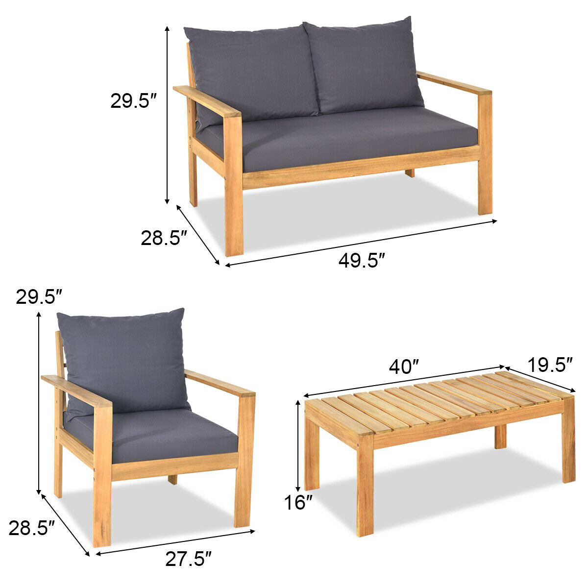 4 Pieces Outdoor Acacia Wood Chat Set with Removable Cushions and Table