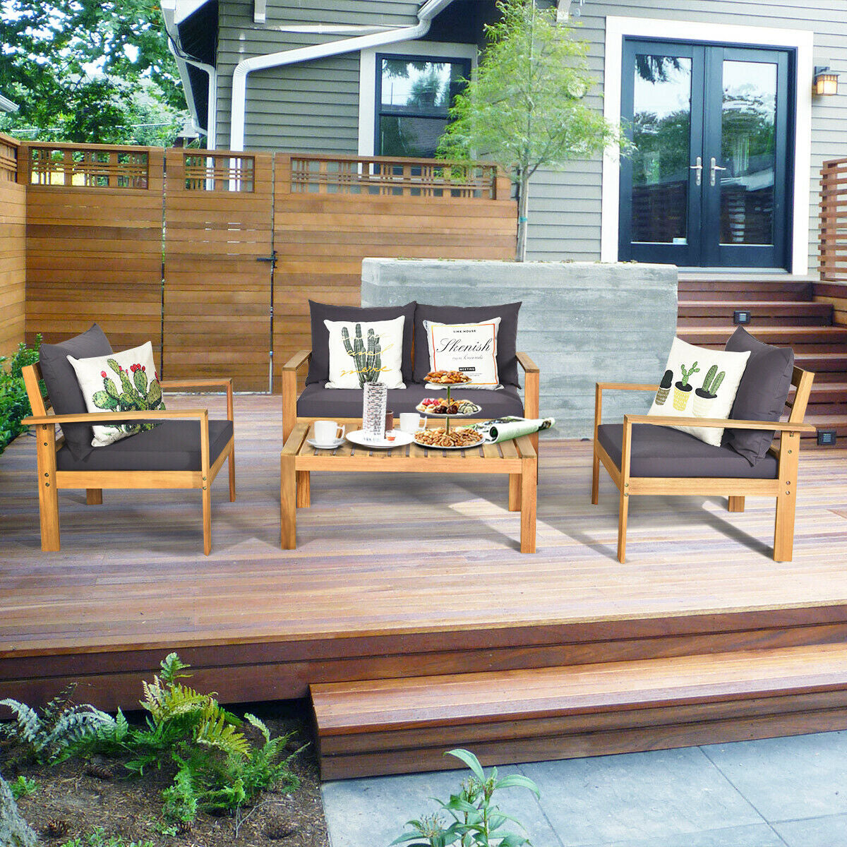 4 Pieces Outdoor Acacia Wood Chat Set with Removable Cushions and Table
