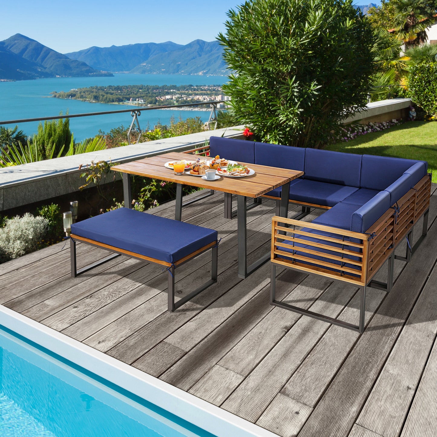 8 Pieces Patio Acacia Wood Dining Table Set with Ottoman Cushions-Navy