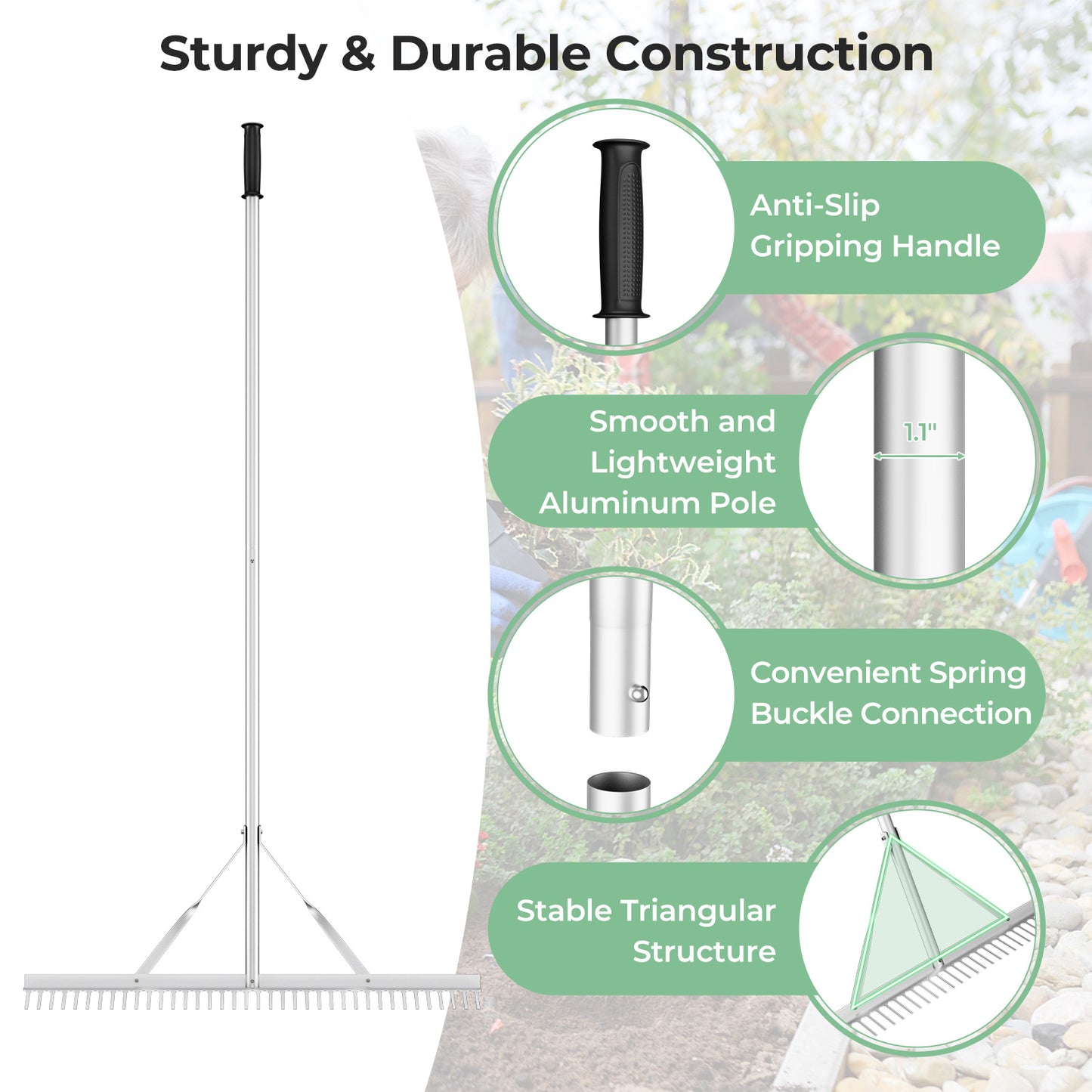 Aluminum Rake with 36 Inch Wide Rake Head and 68 Inch Long Handle