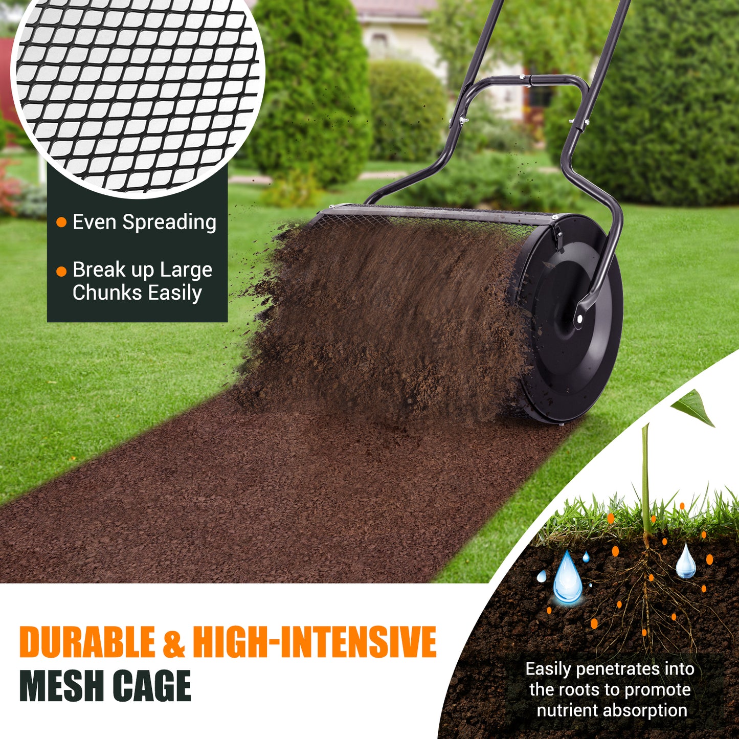 24” Peat Moss Spreader with Upgrade Side Latches and U-shape Handle-Black