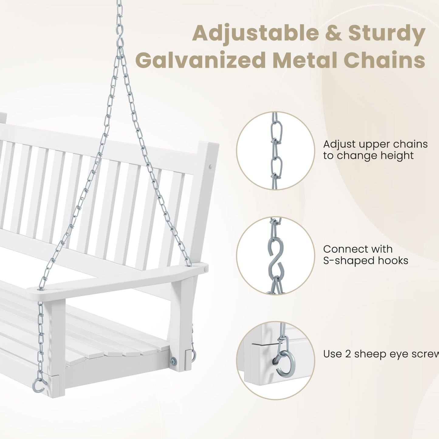 3-Person Wooden Outdoor Porch Swing with 800 lbs Weight Capacity-White