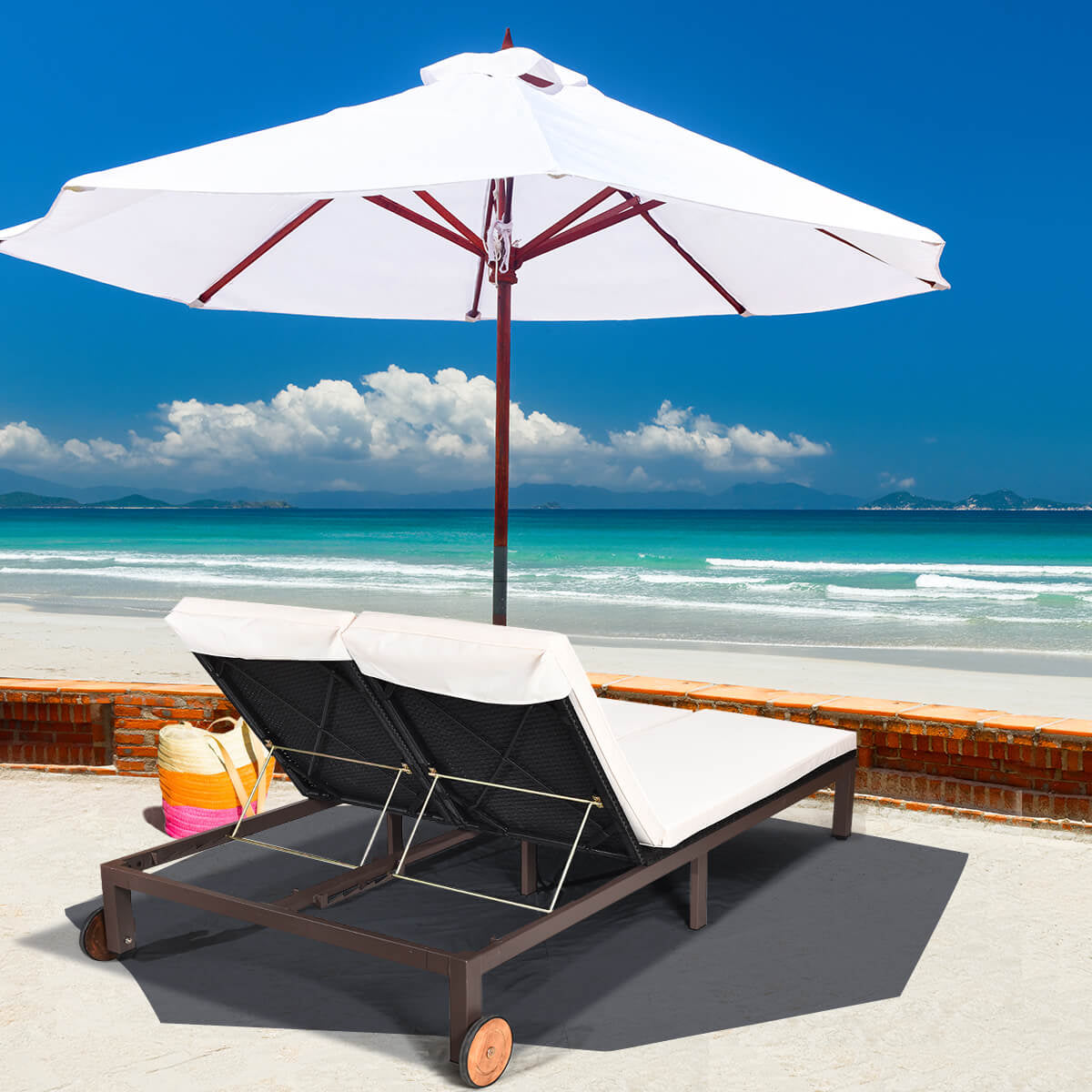 2-Person Patio Rattan Lounge Chair with Adjustable Backrest-White