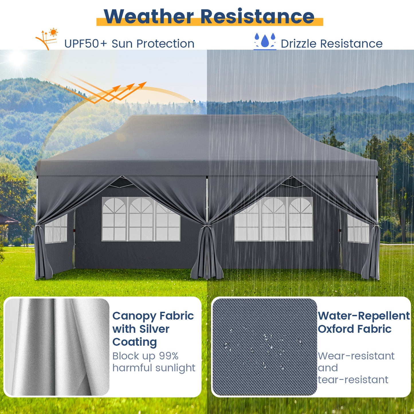 10 x 20 FT Pop up Canopy with 6 Sidewalls and Windows and Carrying Bag for Party Wedding Picnic-Gray