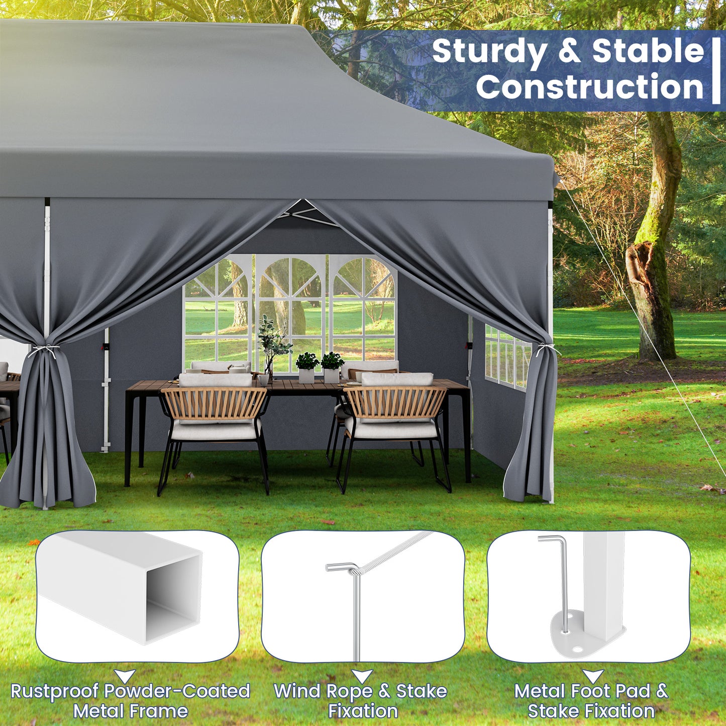 10 x 20 FT Pop up Canopy with 6 Sidewalls and Windows and Carrying Bag for Party Wedding Picnic-Gray