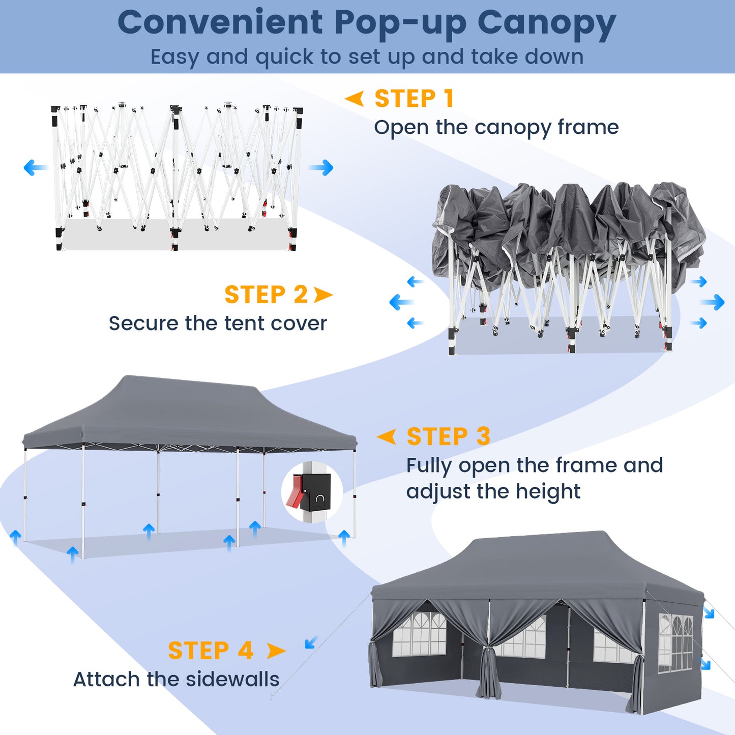 10 x 20 FT Pop up Canopy with 6 Sidewalls and Windows and Carrying Bag for Party Wedding Picnic-Gray