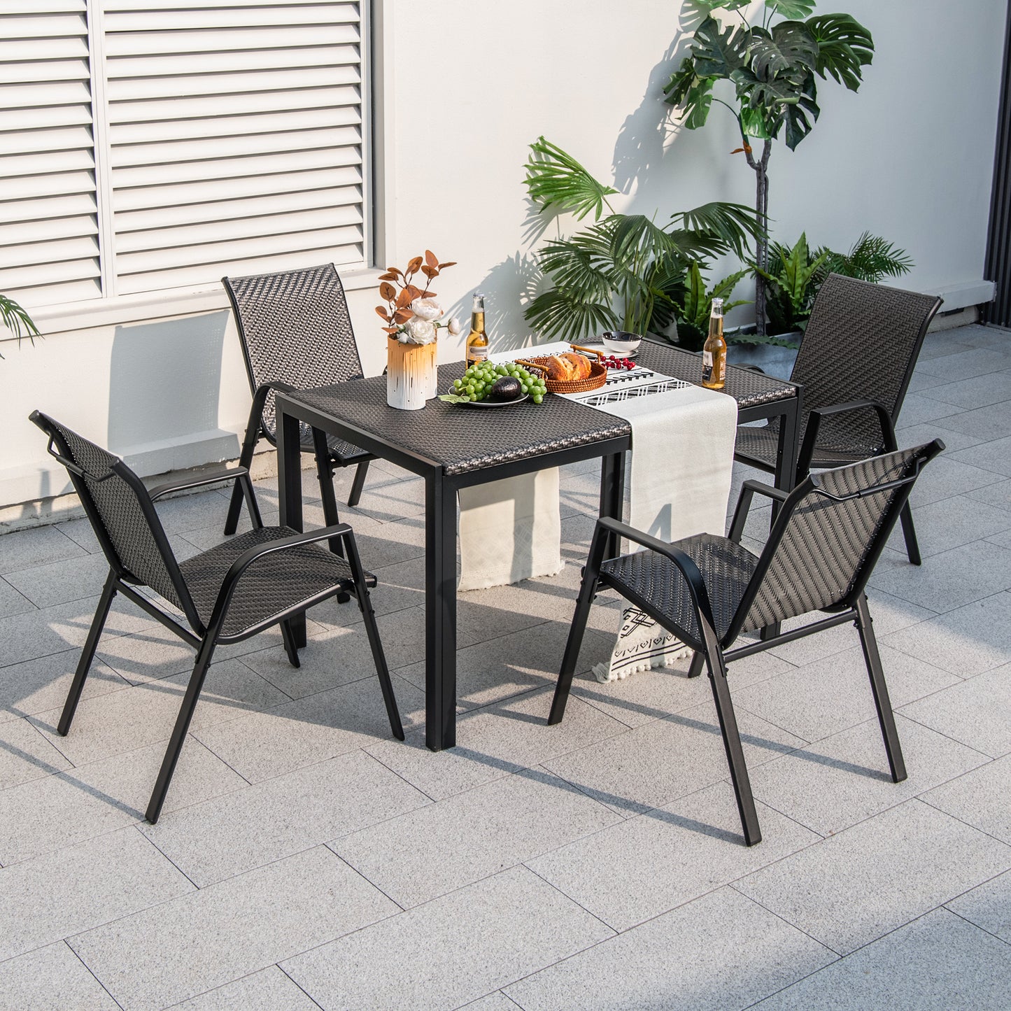 4 Piece Patio Rattan Dining Chairs with Wicker Woven Seat and Back for Backyard Front Porch-Brown