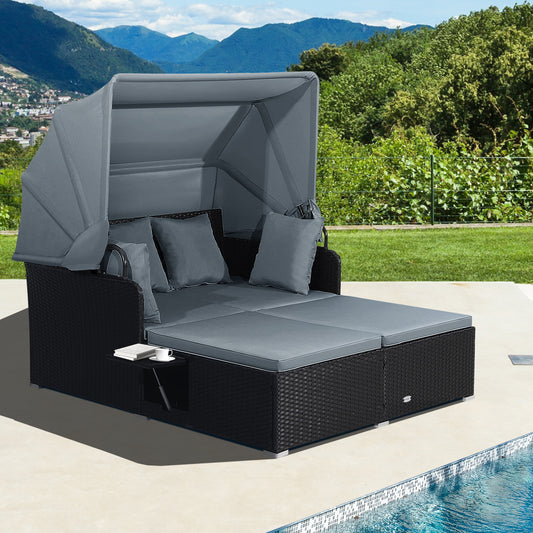 Patio Rattan Daybed with Retractable Canopy and Side Tables-Gray
