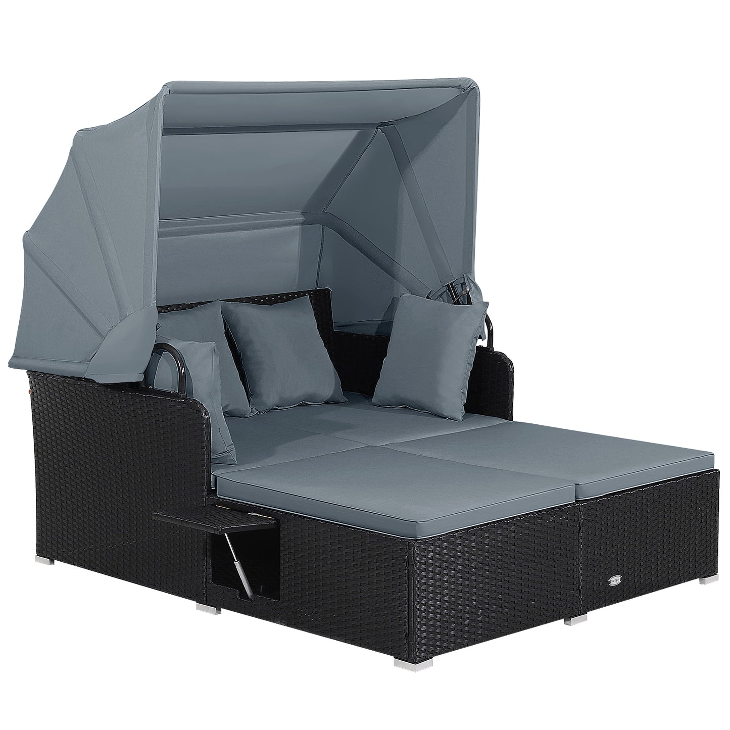 Patio Rattan Daybed with Retractable Canopy and Side Tables-Gray