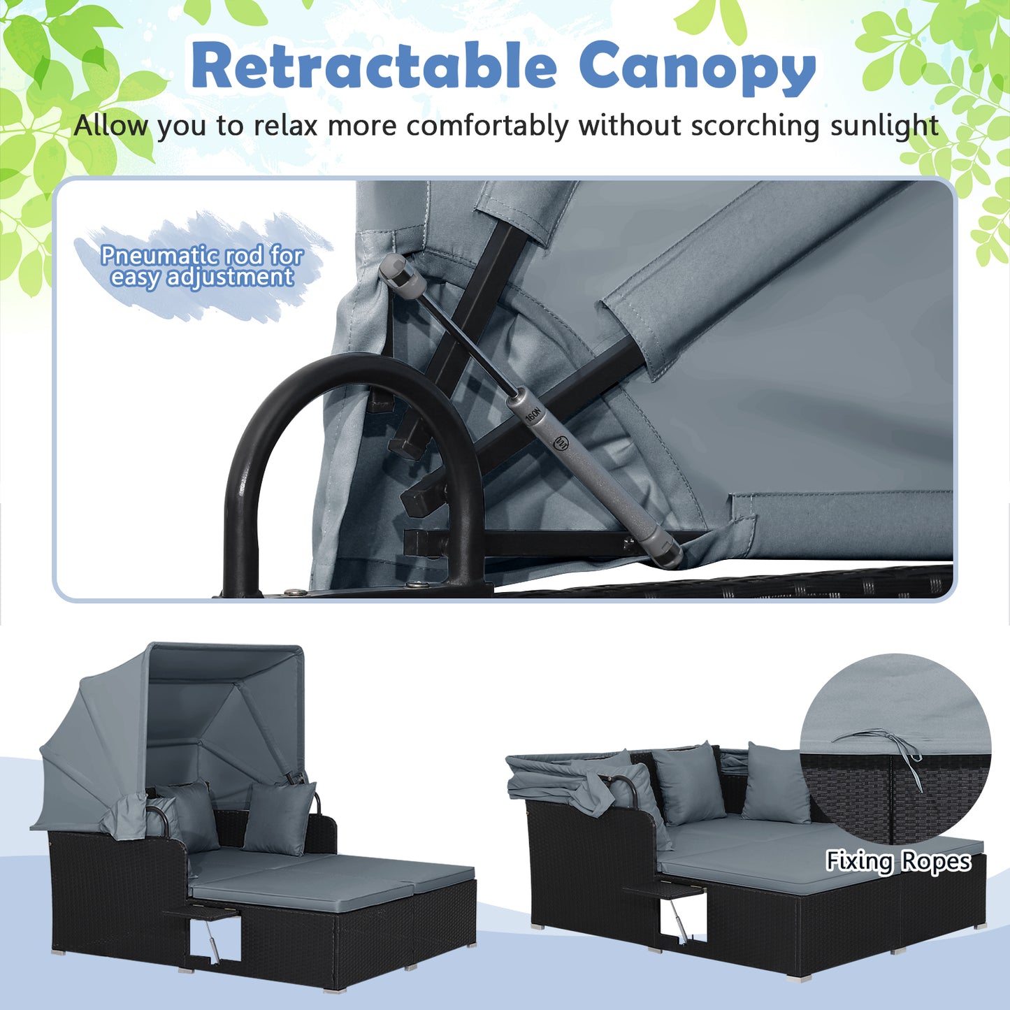 Patio Rattan Daybed with Retractable Canopy and Side Tables-Gray