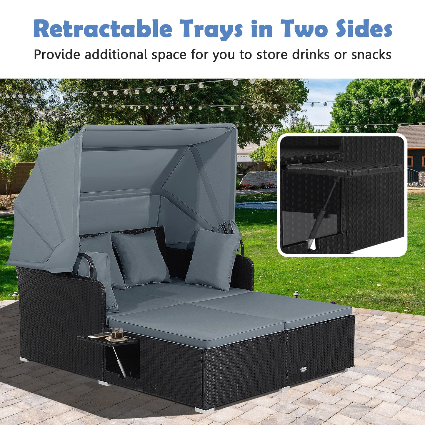 Patio Rattan Daybed with Retractable Canopy and Side Tables-Gray
