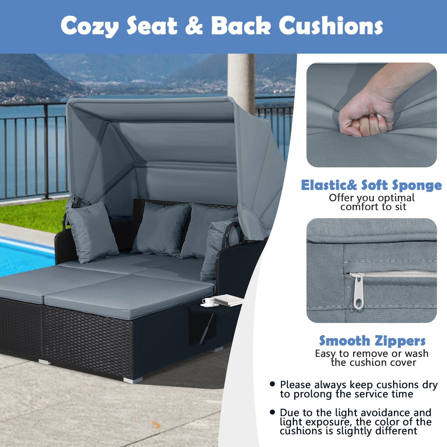 Patio Rattan Daybed with Retractable Canopy and Side Tables-Gray