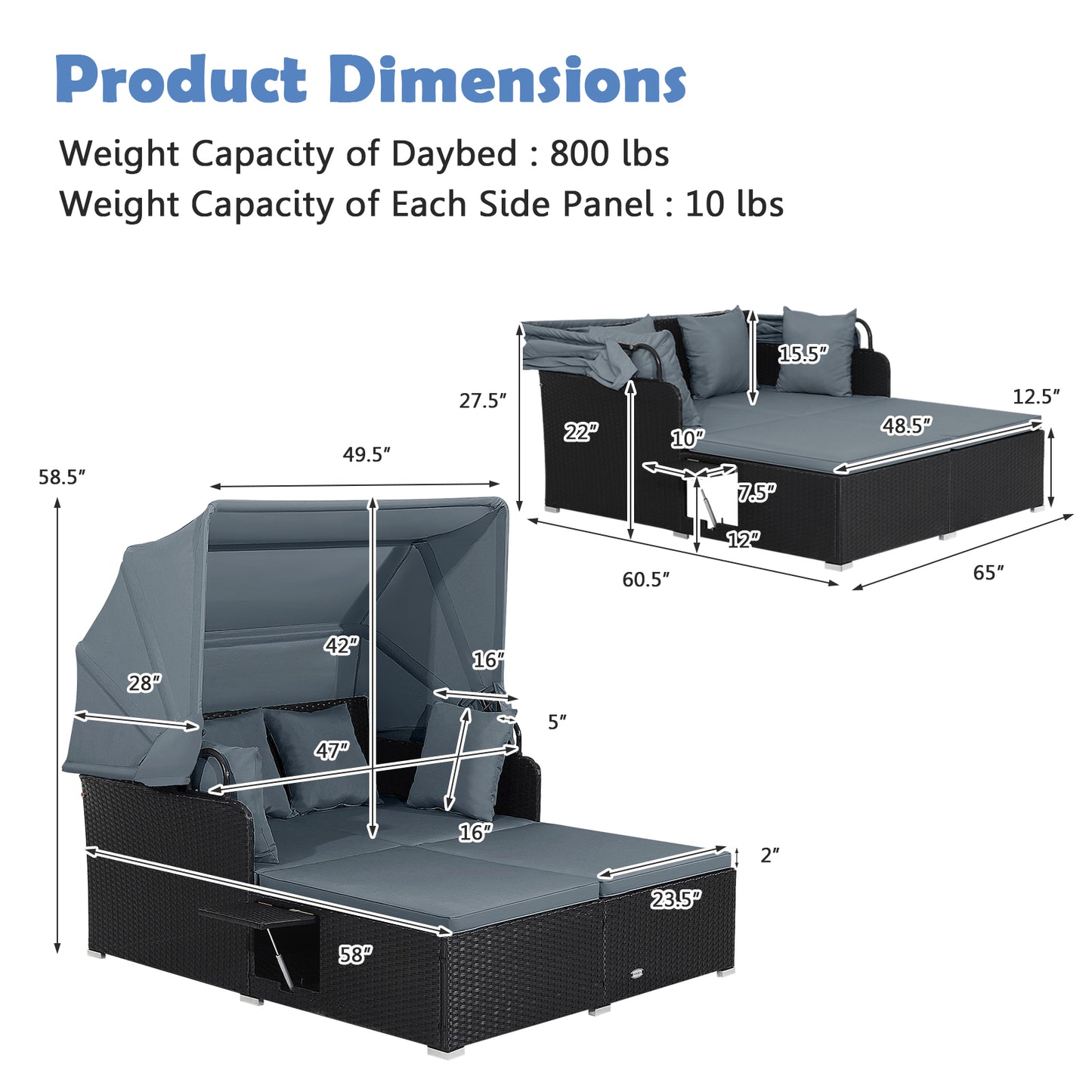 Patio Rattan Daybed with Retractable Canopy and Side Tables-Gray