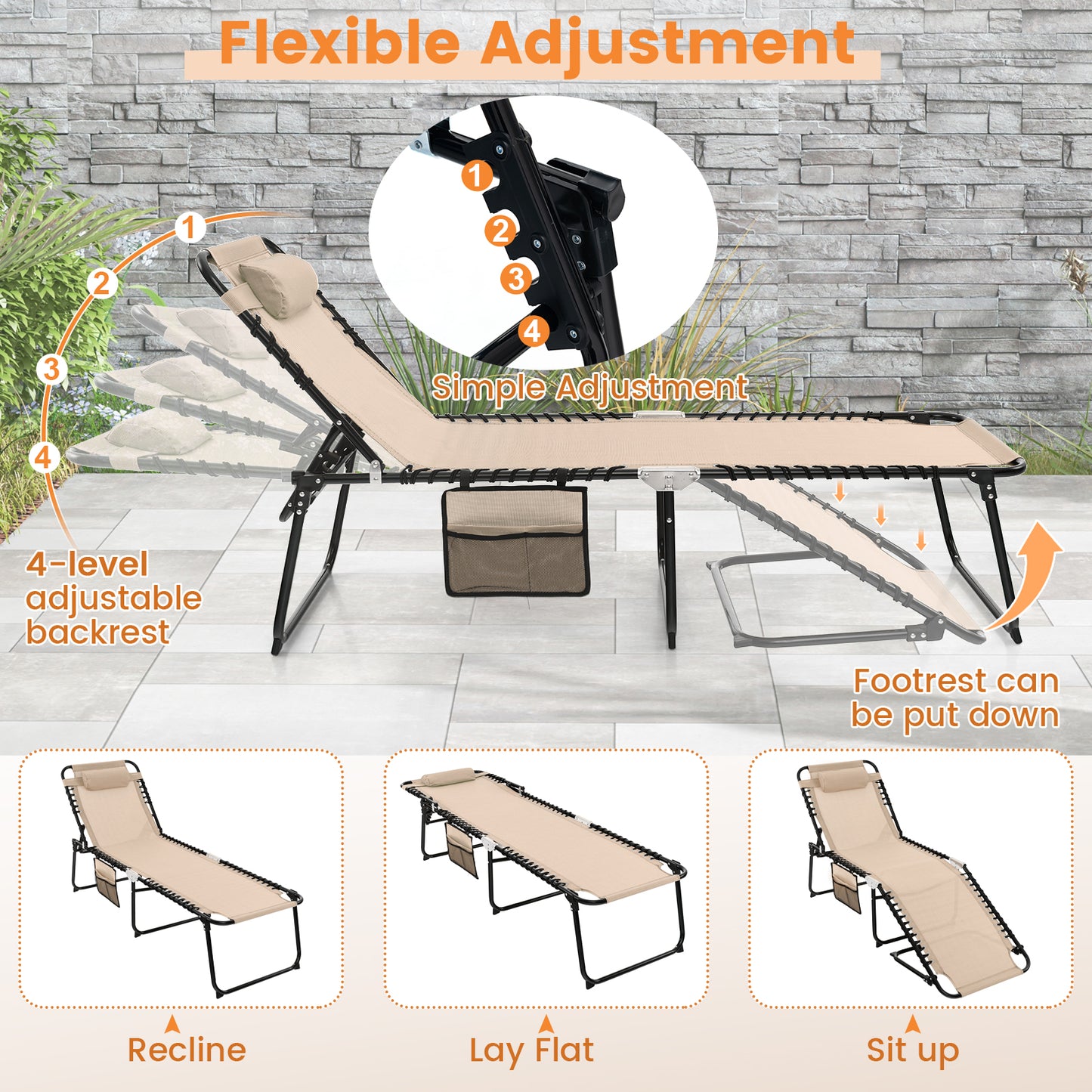 Foldable Recline Lounge Chair with Adjustable Backrest and Footrest-Beige