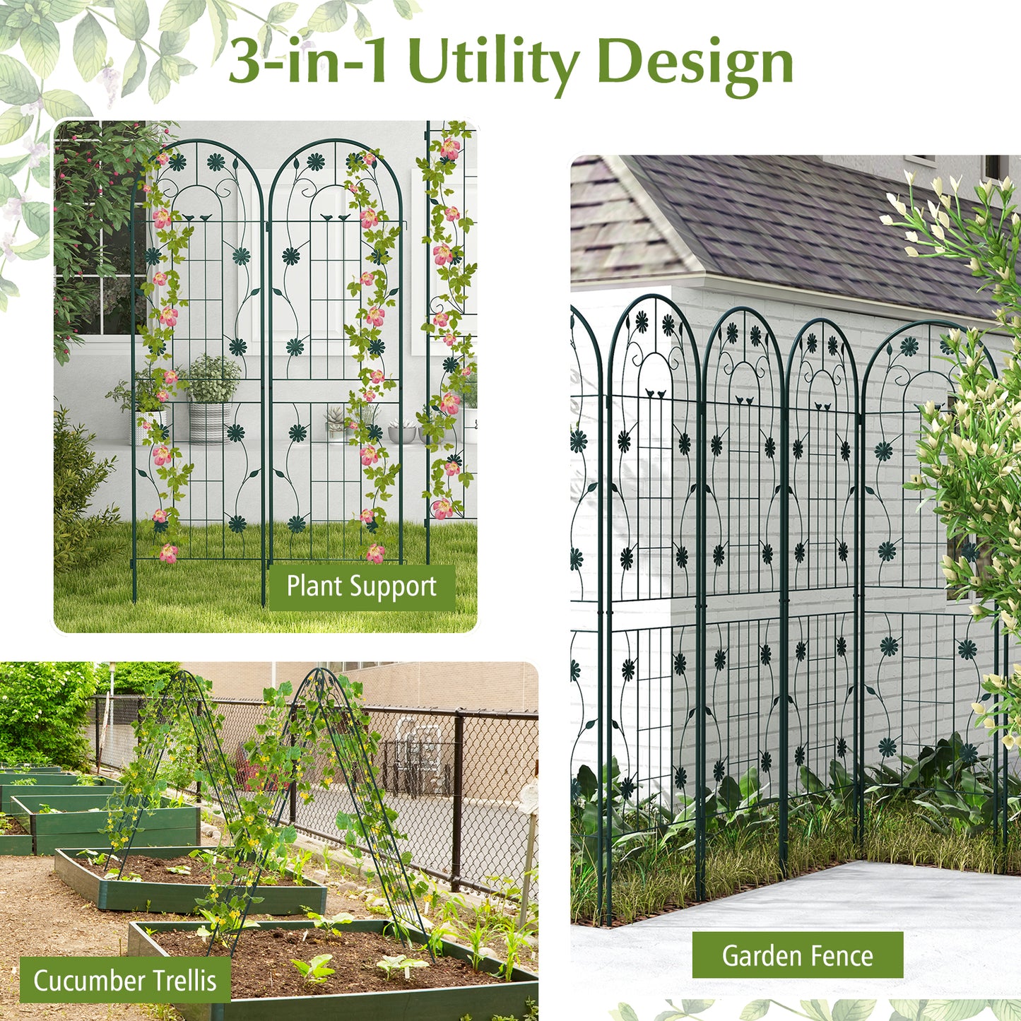 2 Pack 71 x 20 Inch Metal Garden Trellis Rustproof Plant Support for Climbing Plants-Green