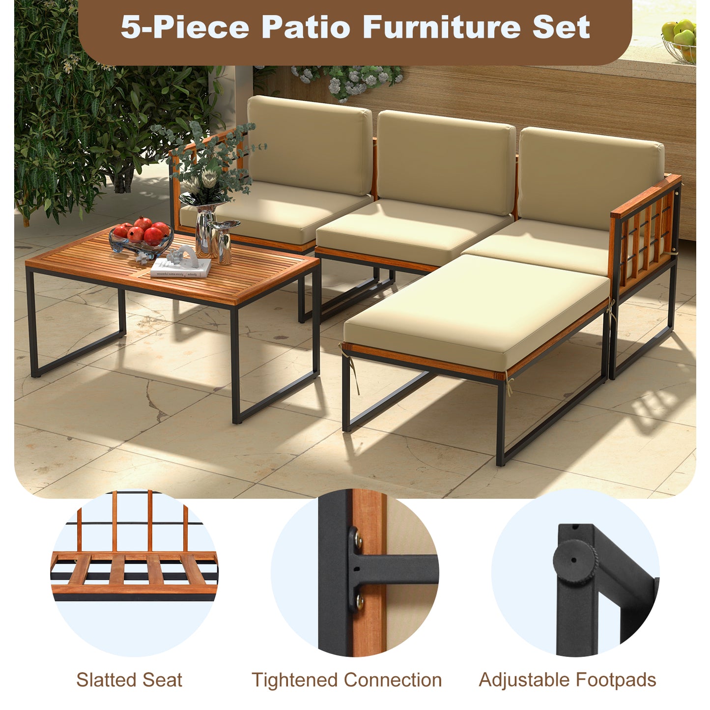 5 Pieces Patio Furniture Set Acacia Wood Sectional Set with Heavy-Duty Metal Frame-Beige