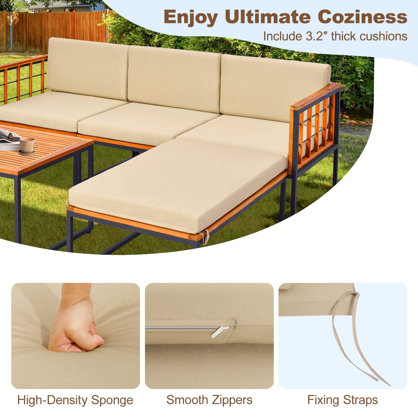 5 Pieces Patio Furniture Set Acacia Wood Sectional Set with Heavy-Duty Metal Frame-Beige