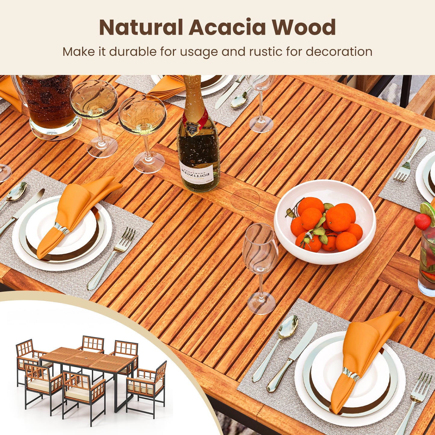 7 Pieces Patio Acacia Wood Dining Set with Soft Cushions and Umbrella Hole-Natural