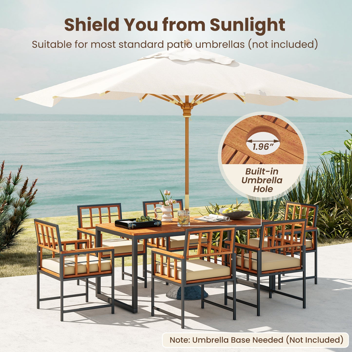 7 Pieces Patio Acacia Wood Dining Set with Soft Cushions and Umbrella Hole-Natural