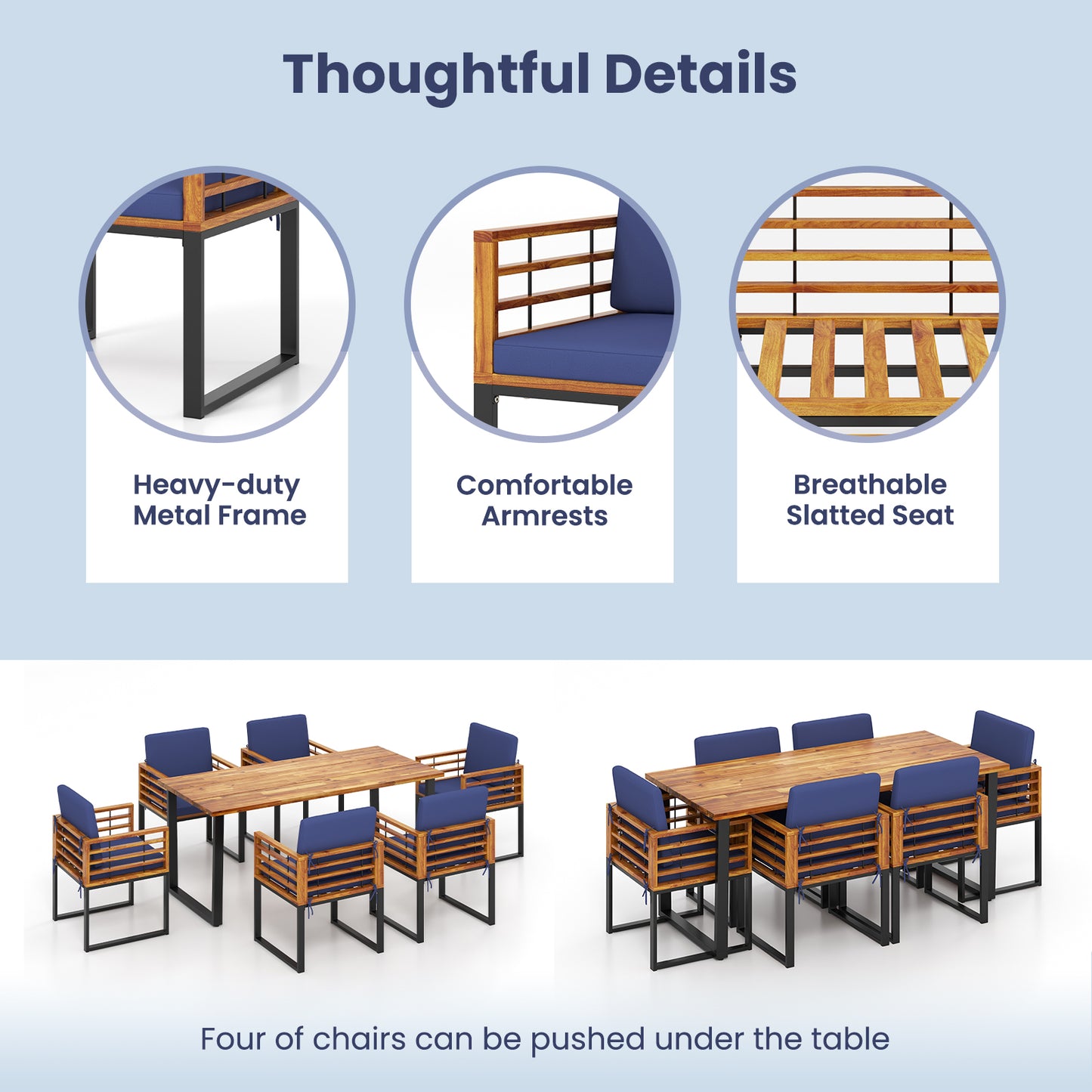 7 Pieces Patio Acacia Wood Dining Chair and Table Set for Backyard and Poolside-Navy