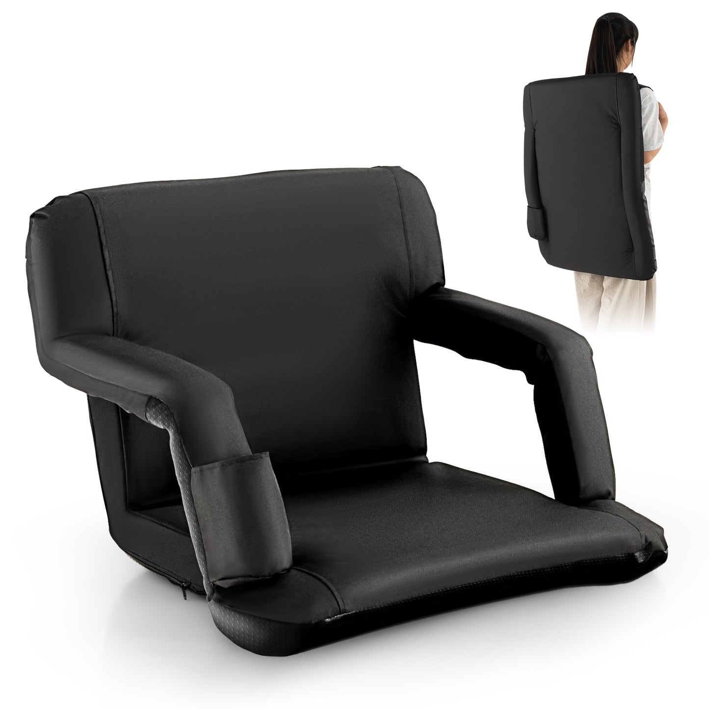 Foldable Bleacher Chair with 6 Reclining Positions and Padded Cushion-Black