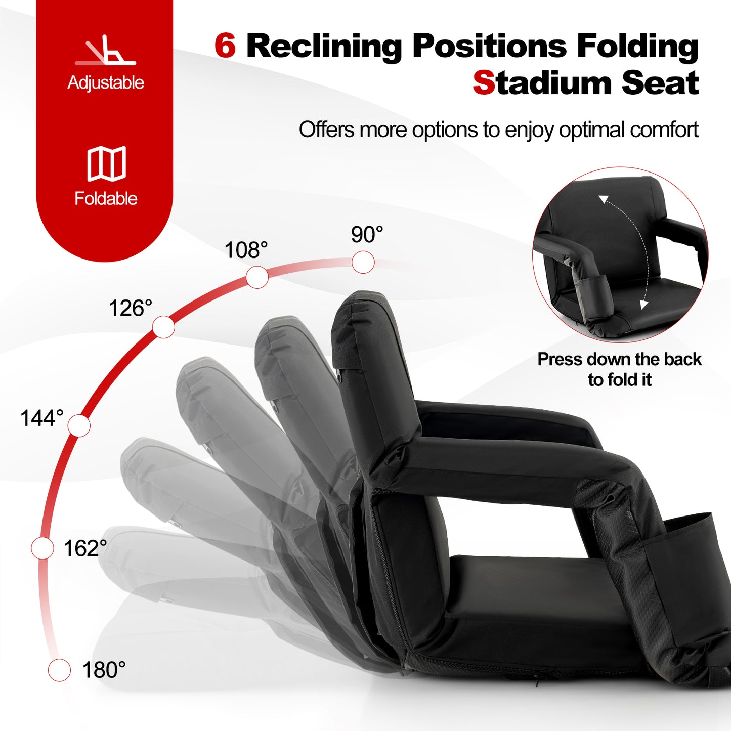 Foldable Bleacher Chair with 6 Reclining Positions and Padded Cushion-Black