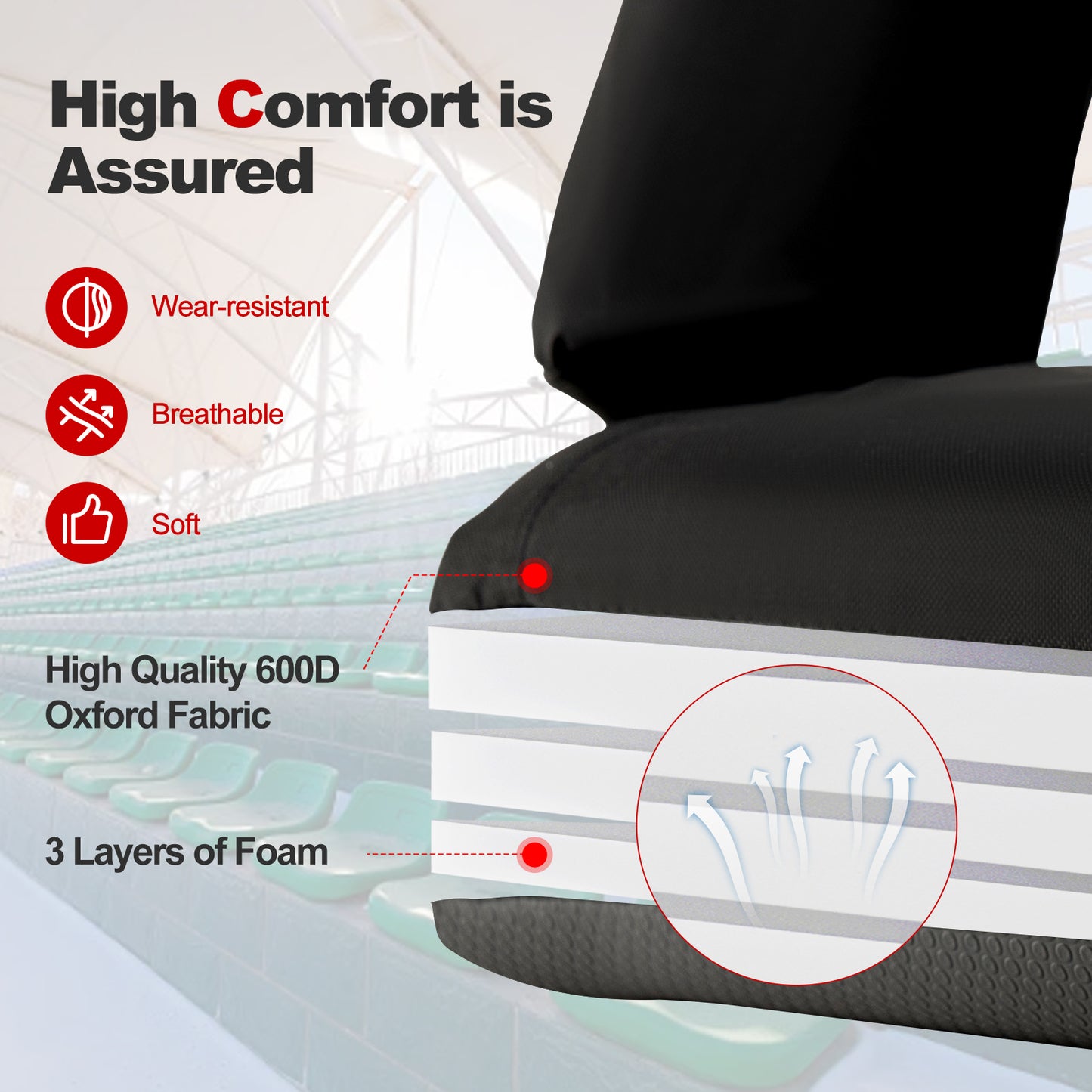 Foldable Bleacher Chair with 6 Reclining Positions and Padded Cushion-Black
