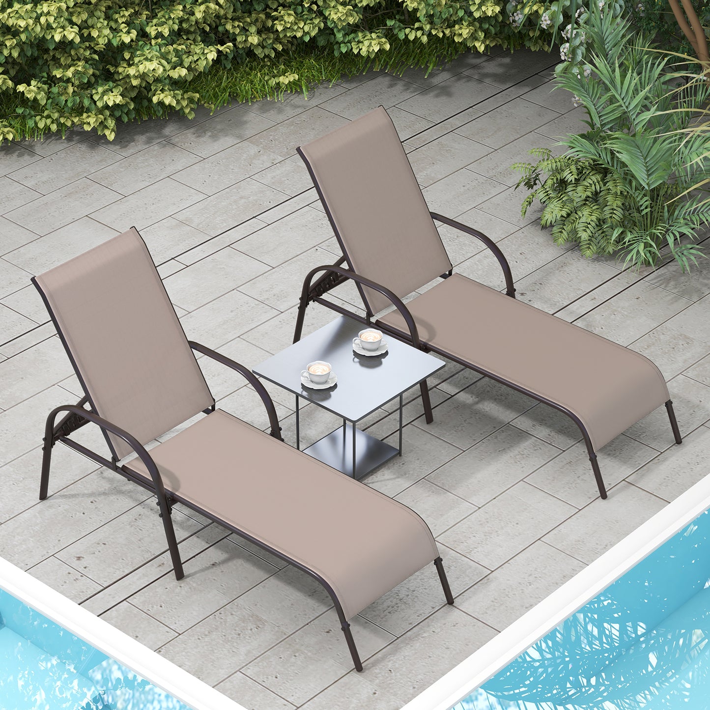 2 Pieces Outdoor Patio Lounge Chair Chaise Fabric with Adjustable Reclining Armrest-Brown