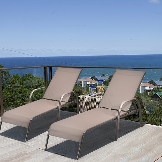 2 Pieces Outdoor Patio Lounge Chair Chaise Fabric with Adjustable Reclining Armrest-Brown