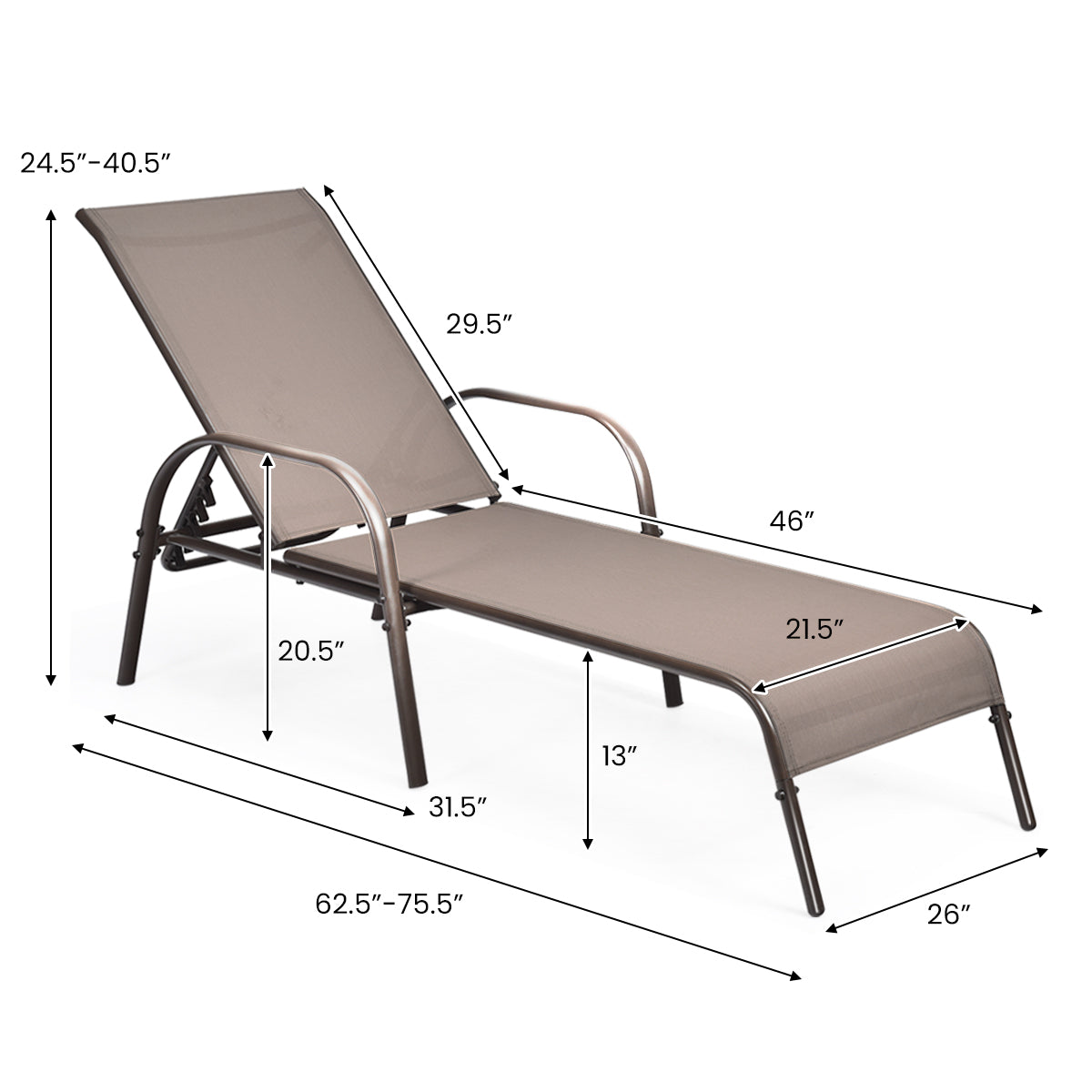 2 Pieces Outdoor Patio Lounge Chair Chaise Fabric with Adjustable Reclining Armrest-Brown