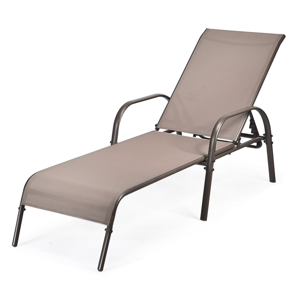 2 Pieces Outdoor Patio Lounge Chair Chaise Fabric with Adjustable Reclining Armrest-Brown