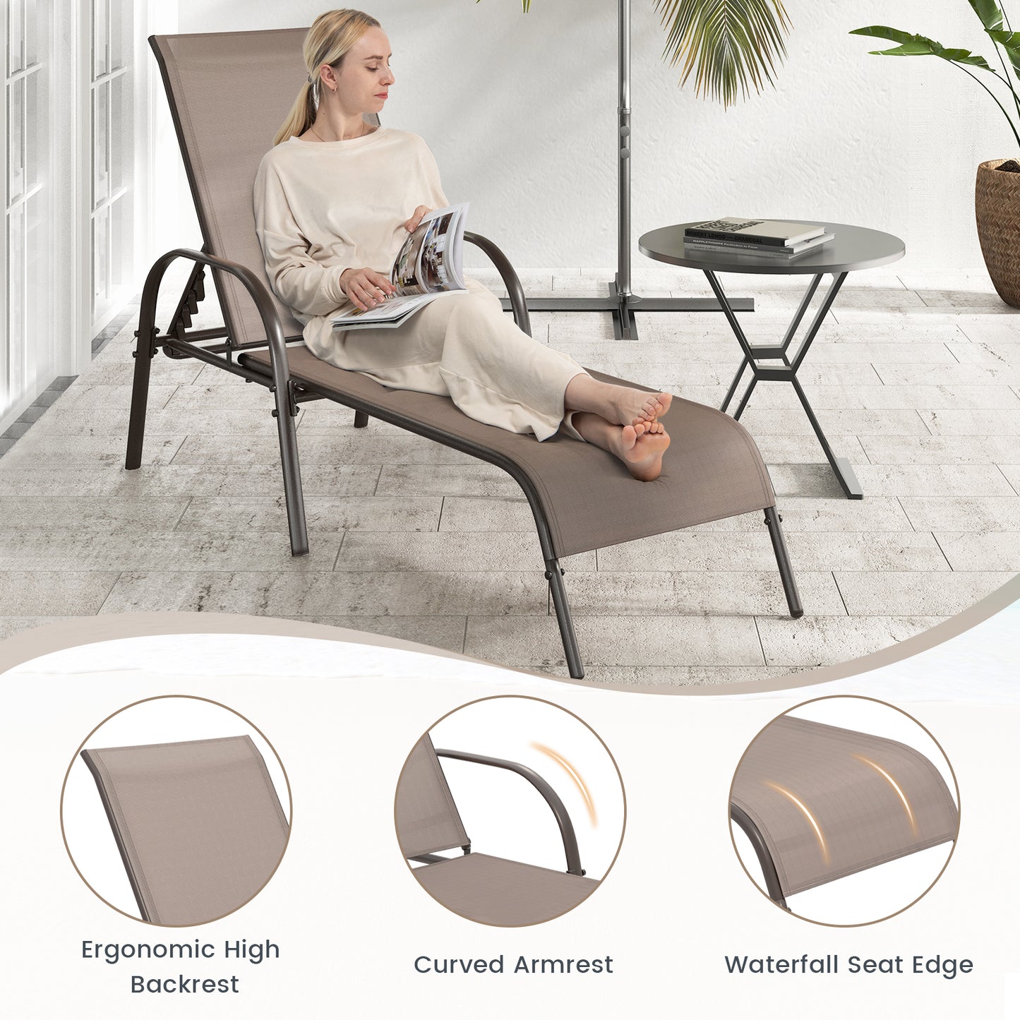 2 Pieces Outdoor Patio Lounge Chair Chaise Fabric with Adjustable Reclining Armrest-Brown