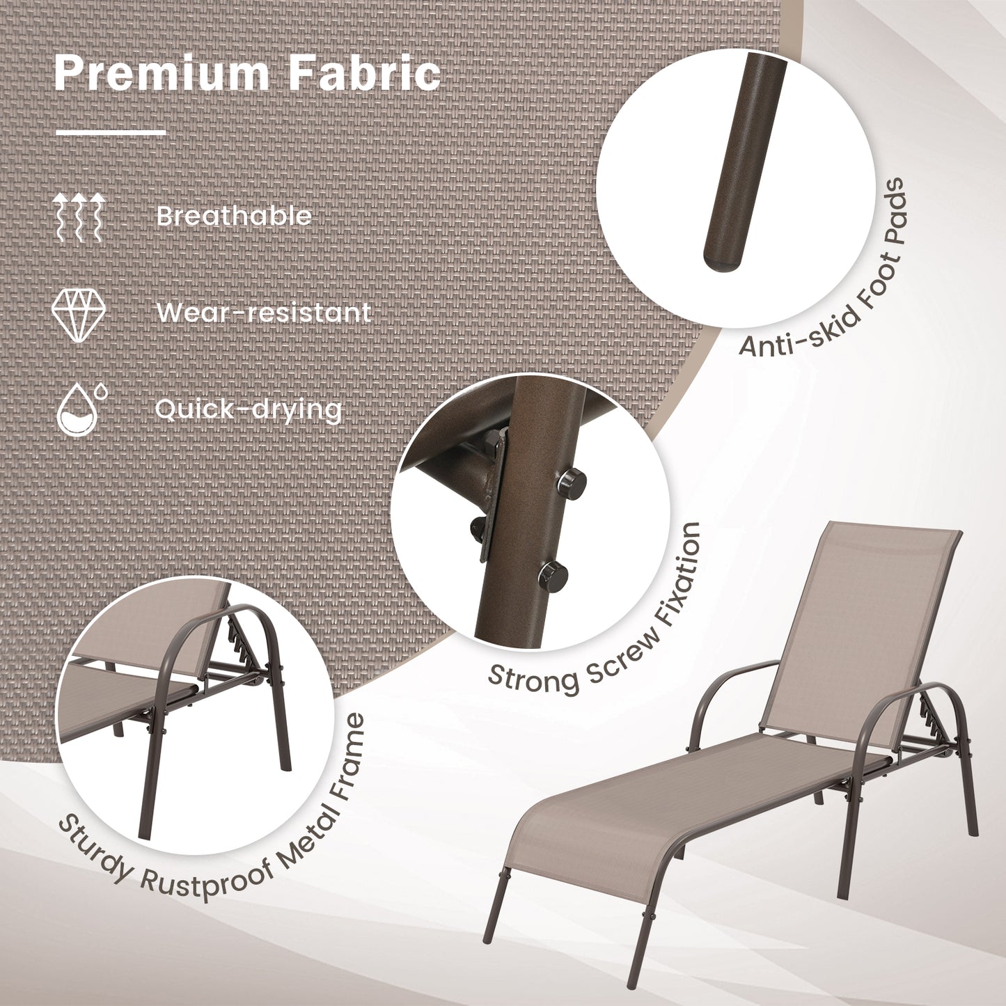 2 Pieces Outdoor Patio Lounge Chair Chaise Fabric with Adjustable Reclining Armrest-Brown