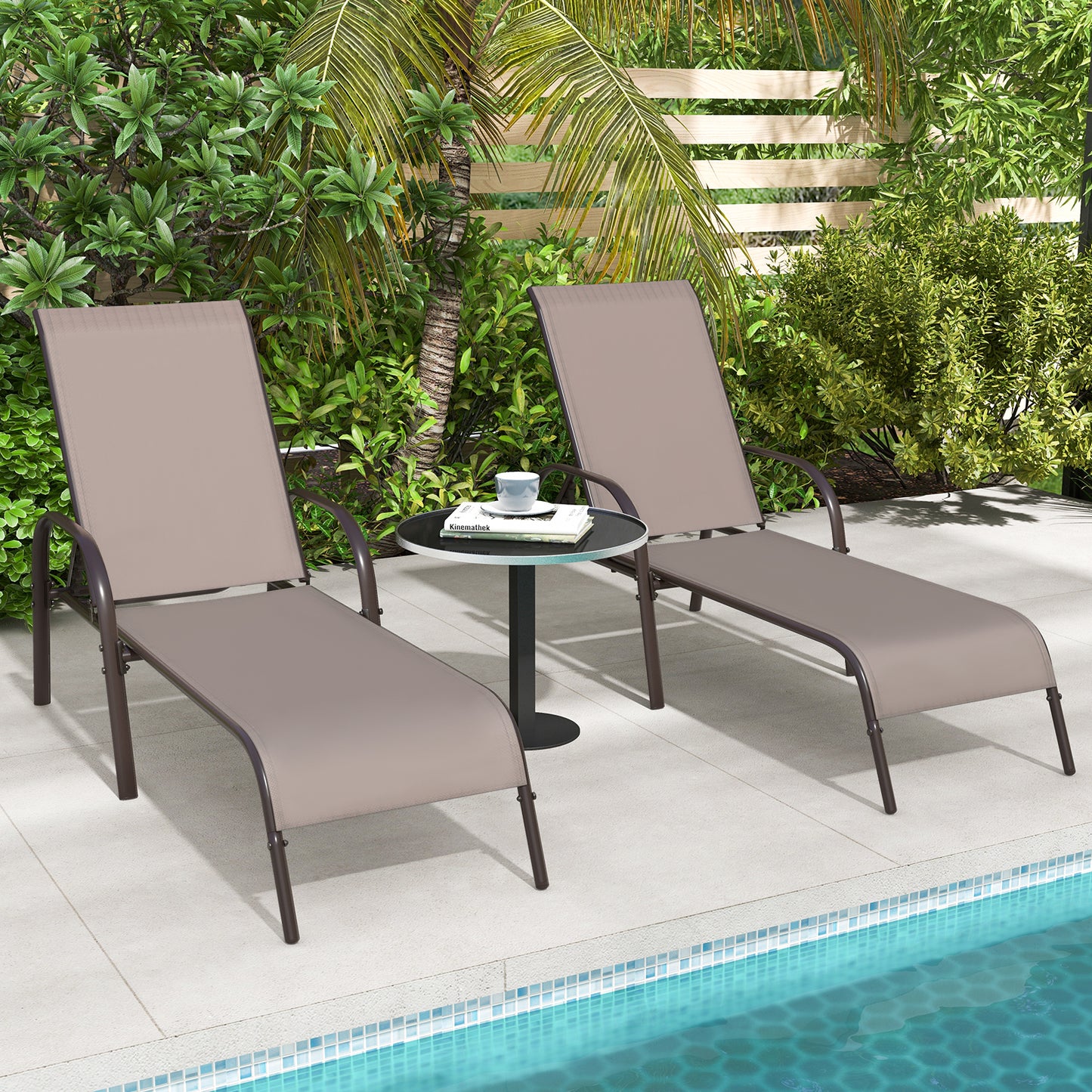 2 Pieces Outdoor Patio Lounge Chair Chaise Fabric with Adjustable Reclining Armrest-Brown